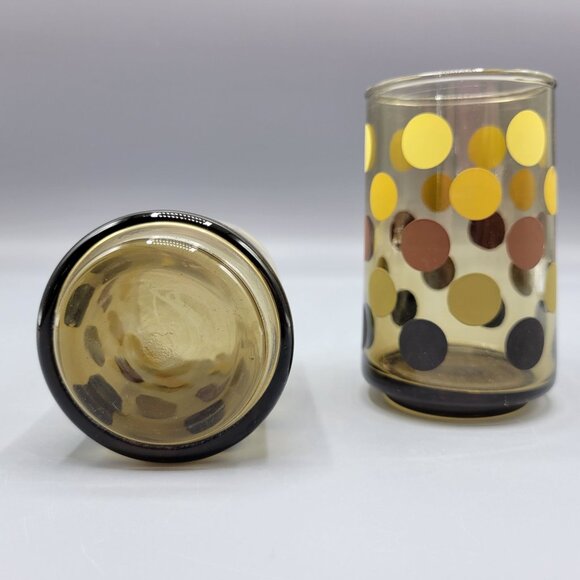 2 Polka Dot Juice Glasses Amber Yellow Brown Black Dots Retro Barware Libbys - Picture 5 of 8